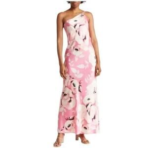 The Fashion Poet Womens Large One Shoulder Halter Floral Satin Maxi Dress Pink